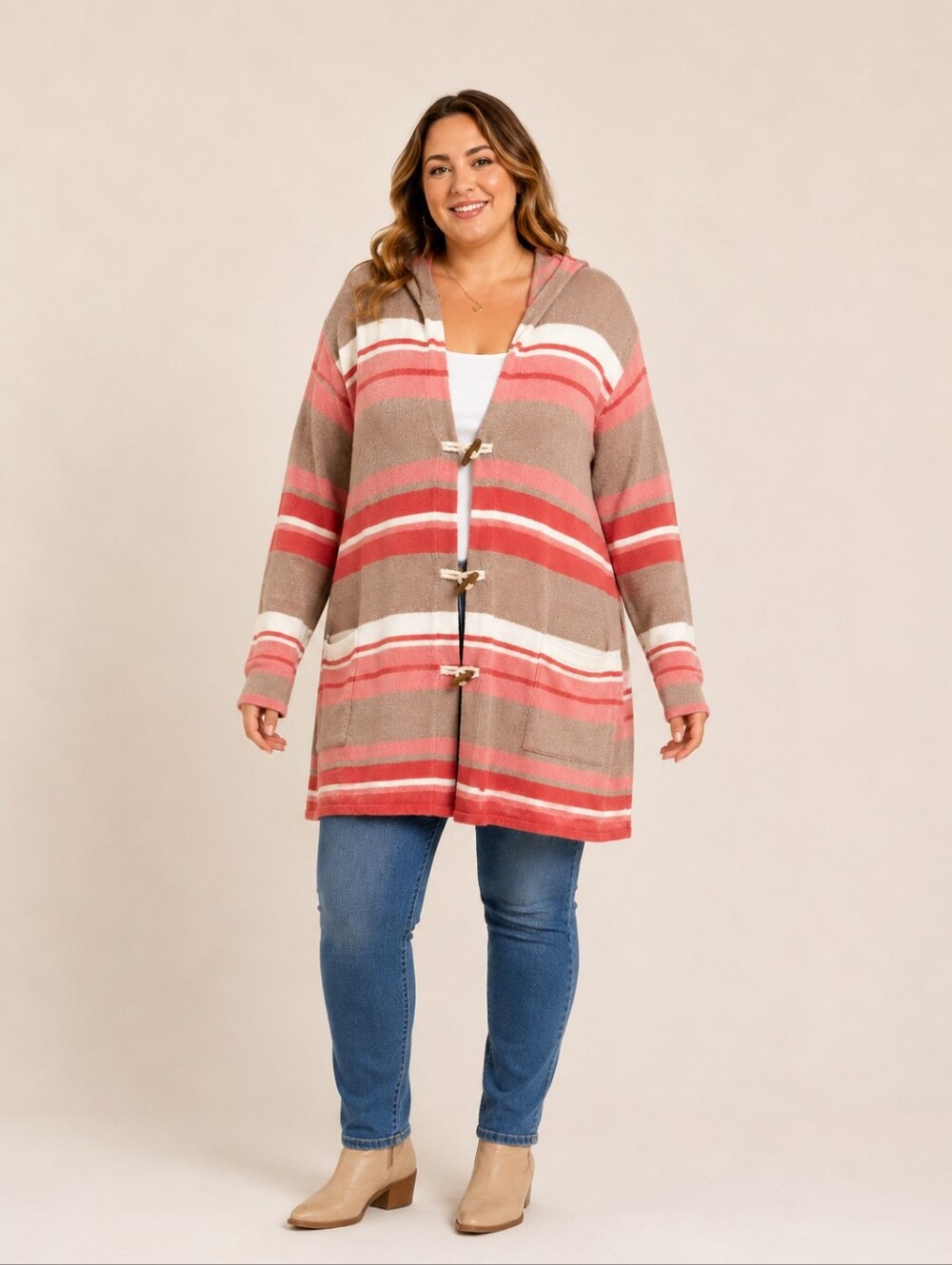 National Hooded Knit Long Cardigan Sweater Stripe Toggle Close Plus 2X Boho Cozy